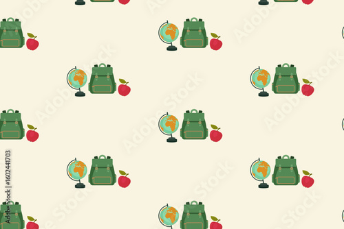 Seamless school supplies pattern with globe, backpack, and apple on cream background – swatch available in swatches panel