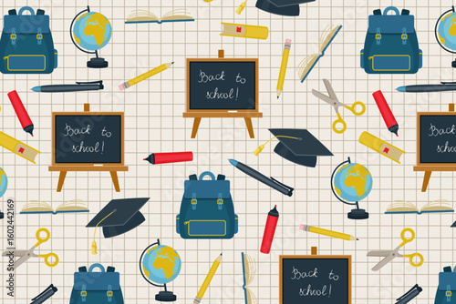 Back to school pattern – swatch available in swatches panel – seamless design with books, backpacks, chalkboards, and stationery on grid paper background