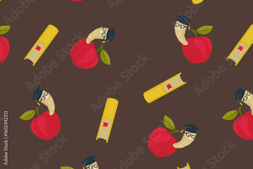 Apple and bookworm pattern – swatch available in swatches panel – seamless design with red apples, yellow books, and cute worms in graduation hats on dark brown background