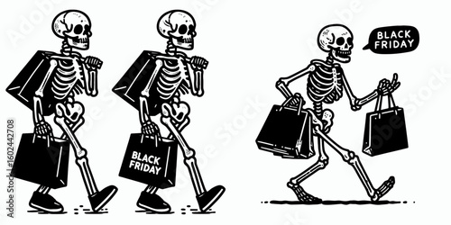 A Skeleton carrying shopping bags Black Friday. Funny Happy Retro Cartoon Clipart Silhouette Line Art Vector Illustration. Bony figure hauling merchandise during autumn discount event.