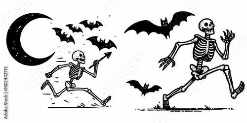 A Skeleton being chased by bats Halloween. Funny Happy Retro Cartoon Clipart Silhouette Line Art Vector Illustration. Spooky night image bony figure running from flying mammal for october.