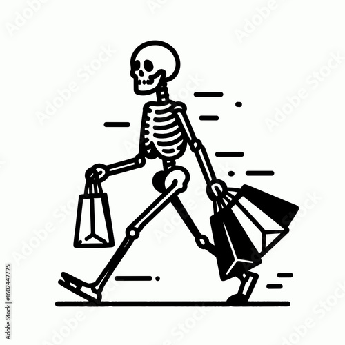 A Skeleton carrying shopping bags Black Friday. Funny Happy Retro Cartoon Clipart Silhouette Line Art Vector Illustration. Bony figure hauling retail totes dark Friday bargain purchase time.