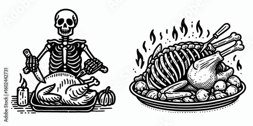 A Skeleton carving roast turkey Thanksgiving. Funny Happy Retro Cartoon Clipart Silhouette Line Art Vector Illustration. Bony figure slicing baked fowl holiday dinner preparation autumn.