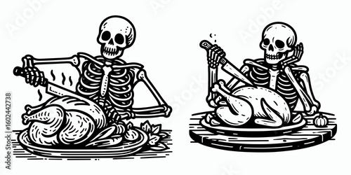 A Skeleton carving roast turkey Thanksgiving. Funny Happy Retro Cartoon Clipart Silhouette Line Art Vector Illustration. Spooky bone figure cutting cooked fowl autumn holiday meal.