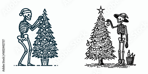 A Skeleton decorating pine tree Christmas. Funny Happy Retro Cartoon Clipart Silhouette Line Art Vector Illustration. Bony figure trimming evergreen holiday plant for yuletide celebration.