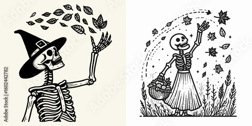 A Skeleton catching falling leaves Thanksgiving. Funny Happy Retro Cartoon Clipart Silhouette Line Art Vector Illustration. Bony figure grabs descending foliage fall holiday moment theme.
