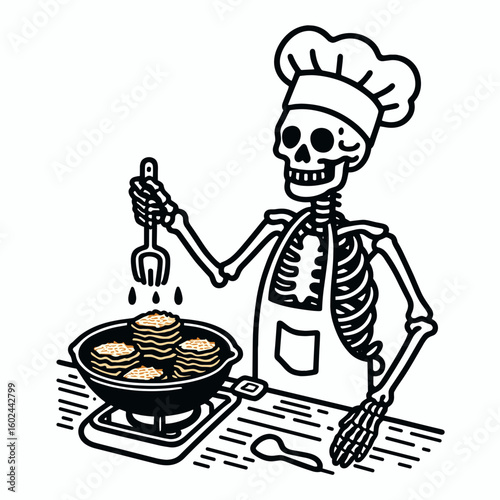 A Skeleton cooking latkes Hanukkah. Funny Happy Retro Cartoon Clipart Silhouette Line Art Vector Illustration. bony figure preparing potato pancake during festival of lights celebration.
