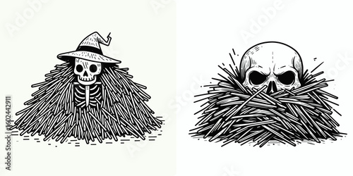 A Skeleton hiding in haystack Halloween. Funny Happy Retro Cartoon Clipart Silhouette Line Art Vector Illustration. Bony figure concealed straw pile autumn holiday celebration theme.