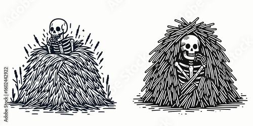 A Skeleton hiding in haystack Halloween. Funny Happy Retro Cartoon Clipart Silhouette Line Art Vector Illustration. Spooky bony figure concealed amid straw pile for autumn holiday event.