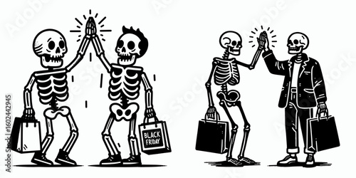 A Skeleton high fiving shopping buddy Black Friday. Funny Happy Retro Cartoon Clipart Silhouette Line Art Vector Illustration. Bony pal giving gesture companion deal hunt autumn discount day.