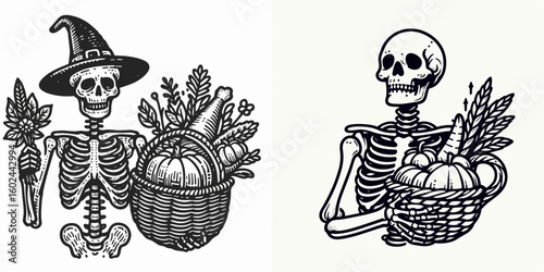 A Skeleton holding cornucopia basket Thanksgiving. Funny Happy Retro Cartoon Clipart Silhouette Line Art Vector Illustration. Bony figure with horn of plenty autumn harvest holiday image.