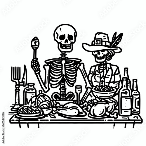 A Skeleton hosting tailgate party Thanksgiving. Funny Happy Retro Cartoon Clipart Silhouette Line Art Vector Illustration. Bony figure throwing fall celebration outside gathering.