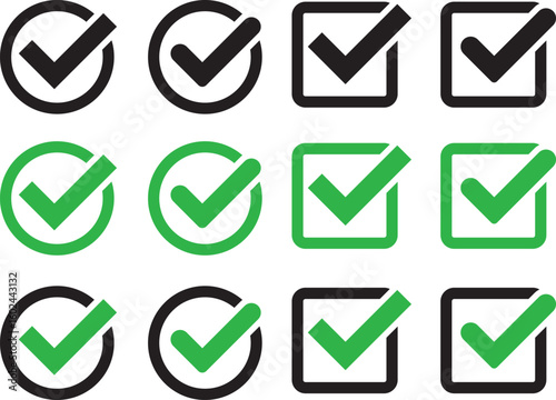 Check mark icons button set. yes or no checkmark sign. Check box icon with right and wrong buttons. black tick box and black cross symbol
