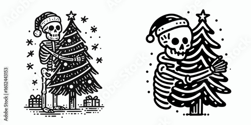 A Skeleton hugging Christmas tree Christmas. Funny Happy Retro Cartoon Clipart Silhouette Line Art Vector Illustration. Bony frame embrace holiday fir festive season celebration.