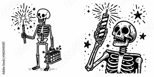A Skeleton lighting firecrackers Independence Day. Funny Happy Retro Cartoon Clipart Silhouette Line Art Vector Illustration. Spooky figure setting off explosives national holiday.