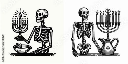 A Skeleton lighting oil lamp Hanukkah. Funny Happy Retro Cartoon Clipart Silhouette Line Art Vector Illustration. Bone figure igniting menorah festive light jewish celebration.