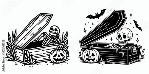 A Skeleton peeking from coffin Halloween. Funny Happy Retro Cartoon Clipart Silhouette Line Art Vector Illustration. Spooky bone figure popping out of box fright night party decoration.