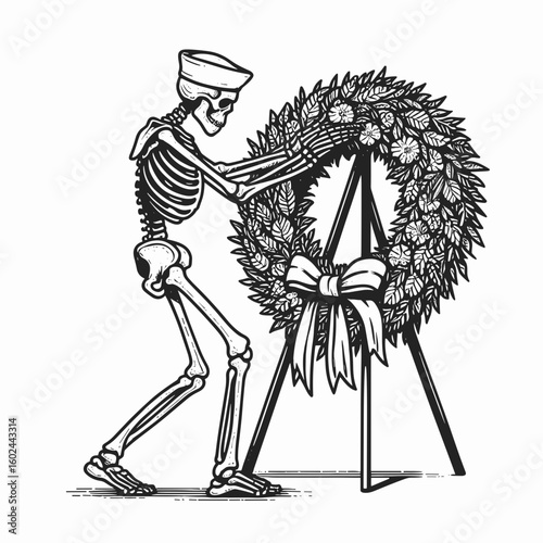 A Skeleton placing wreath at memorial Veterans Day. Funny Happy Retro Cartoon Clipart Silhouette Line Art Vector Illustration. Bony figure offering garland monument for national armed forces.