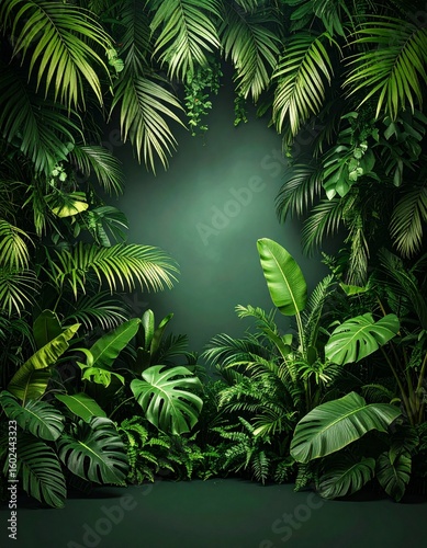Front view of a vibrant tropical jungle-themed background with lush green foliage and soft diffused lighting, providing ample empty space for product placement or text overlays