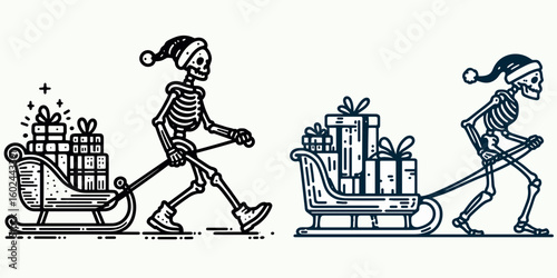 A Skeleton pulling sleigh of gifts Christmas. Funny Happy Retro Cartoon Clipart Silhouette Line Art Vector Illustration. Bony figure hauling present-filled holiday sled x-mas celebration.