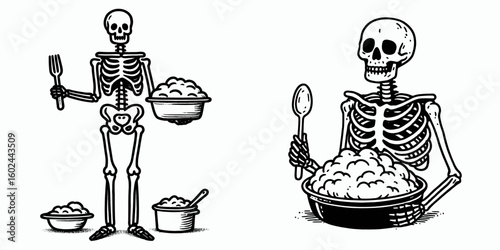 A Skeleton serving mashed potatoes Thanksgiving. Funny Happy Retro Cartoon Clipart Silhouette Line Art Vector Illustration. Spooky bone figure giving creamed taters holiday dinner.