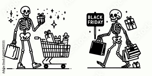 A Skeleton shopping for gifts Black Friday. Funny Happy Retro Cartoon Clipart Silhouette Line Art Vector Illustration. Bony figure buying presents yearly sales event special promotions.