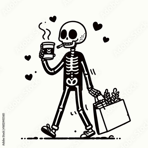 A Skeleton shopping for gifts Black Friday. Funny Happy Retro Cartoon Clipart Silhouette Line Art Vector Illustration. Bone figure buying present on annual thanksgiving sale day.