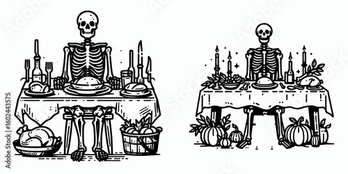 A Skeleton sitting at feast table Thanksgiving. Funny Happy Retro Cartoon Clipart Silhouette Line Art Vector Illustration. Bony figure enjoys autumn meal celebration dining surface.