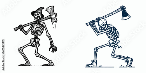 A Skeleton swinging fake axe Halloween. Funny Happy Retro Cartoon Clipart Silhouette Line Art Vector Illustration. Simulated bone figure brandishing prop hatchet fright night occasion.