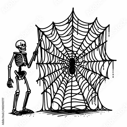 A Skeleton stuck in giant cobweb Halloween. Funny Happy Retro Cartoon Clipart Silhouette Line Art Vector Illustration. Creepy bone figure huge web for the autumn holiday event.