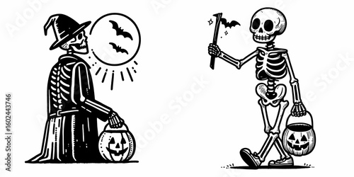 A Skeleton trick or treating Halloween. Funny Happy Retro Cartoon Clipart Silhouette Line Art Vector Illustration. Bony figure costume candy collecting fall holiday celebration fun.