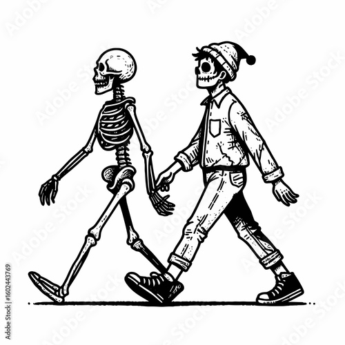 A Skeleton walking with zombie buddy Halloween. Funny Happy Retro Cartoon Clipart Silhouette Line Art Vector Illustration. Undead pal bony figure stroll at twilight fright night festivity.
