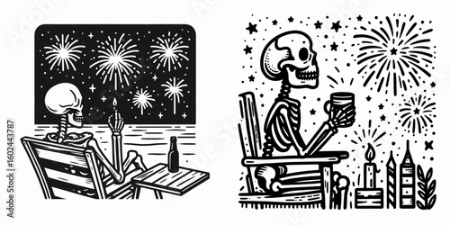A Skeleton watching fireworks Independence Day. Funny Happy Retro Cartoon Clipart Silhouette Line Art Vector Illustration. Bone figure sees bursting pyrotechnics holiday observance country.