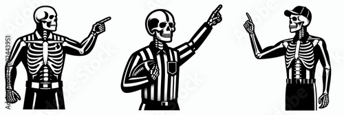Skeleton as American Football Referee Signaling. Funny Happy Retro Cartoon Clipart Silhouette Line Art Vector Illustration. Bony figure like gridiron judge doing action signal sport concept.