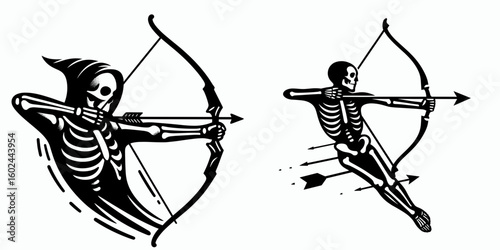 Skeleton as Archery Shooting Arrow. Funny Happy Retro Cartoon Clipart Silhouette Line Art Vector Illustration. Bone figure used like a projectile in the sport of bow hunting activity.