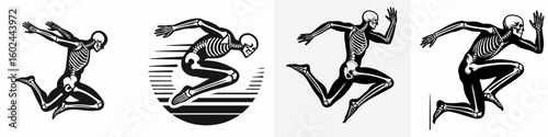 Skeleton as Athlete Long Jumping. Funny Happy Retro Cartoon Clipart Silhouette Line Art Vector Illustration. Bony figure doing broad jump concept of physical activity sportsman form.