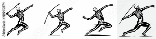 Skeleton as Athlete Throwing Javelin. Funny Happy Retro Cartoon Clipart Silhouette Line Art Vector Illustration. Bony figure in sport tossing spear skeletal sportsman at game event.