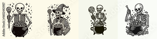 Skeleton holding a cauldron full of candy. Funny Happy Retro Cartoon Clipart Silhouette Line Art Vector Illustration. Bony figure with pot brimming treat joyous autumn holiday image.