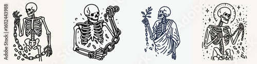 Skeleton holding a broken chain. Funny Happy Retro Cartoon Clipart Silhouette Line Art Vector Illustration. Bony figure clutching snapped link symbol of freedom limit escape.
