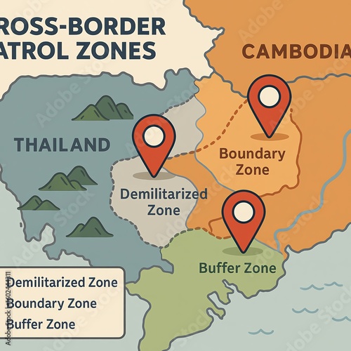 Map illustrating cross-border patrol zones between Thailand and Cambodia.