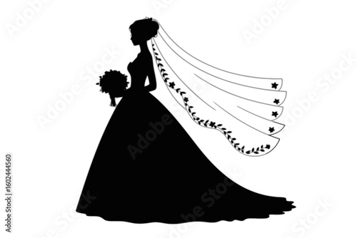 Bride in elegant gown holding bouquet wedding veil