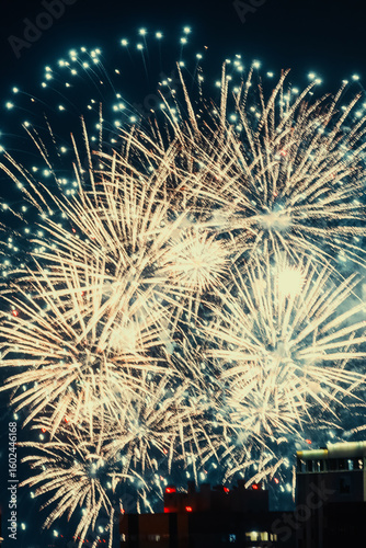 A vibrant display of golden fireworks bursts across the night sky, illuminating the darkness with a shower of golden sparks
