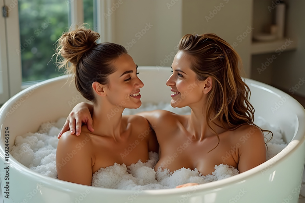 Obraz premium Women Relaxing Together in Bubble Bath Smiling at Each Other