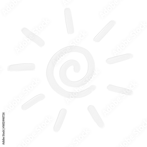 White spiral sun icon with hand-drawn rays on transparent background. Concept of summer heat, sunscreen protection and vacation