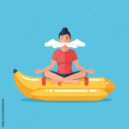 Meditating Woman with Cloud Mustache on Yellow Banana Float Flat Design