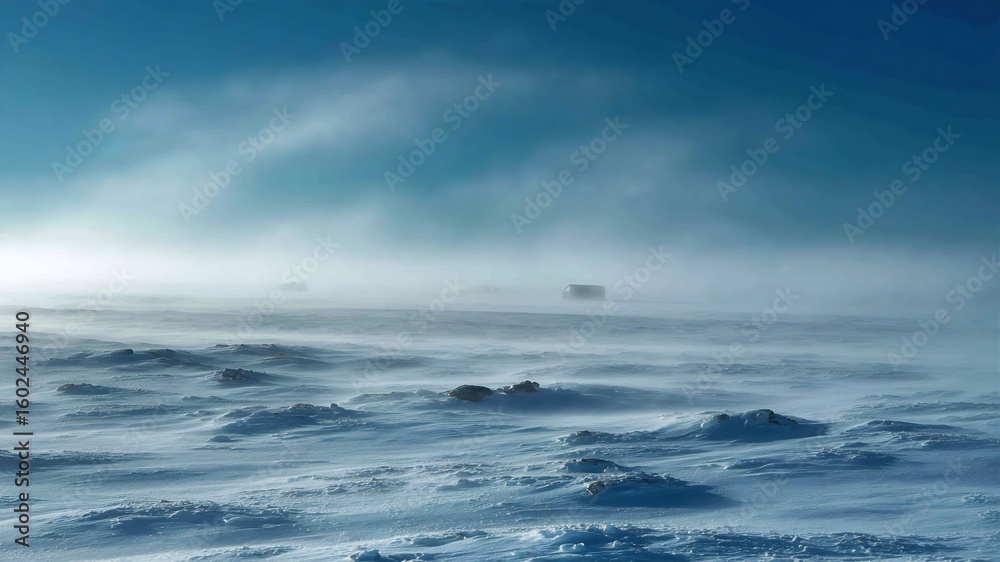 Fototapeta premium Blizzard sweeping across open tundra heavy snow whiteout visibility frozen landscape wind streaks survival themed winter image