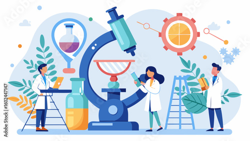 Scientists working on giant microscope in modern lab, examining DNA, writing notes, analyzing samples with lab equipment and chemical formulas.

