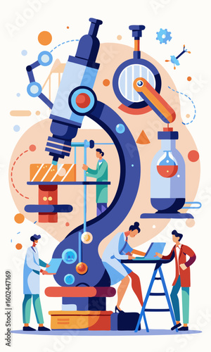 Scientists working on giant microscope in modern lab, examining DNA, writing notes, analyzing samples with lab equipment and chemical formulas.

