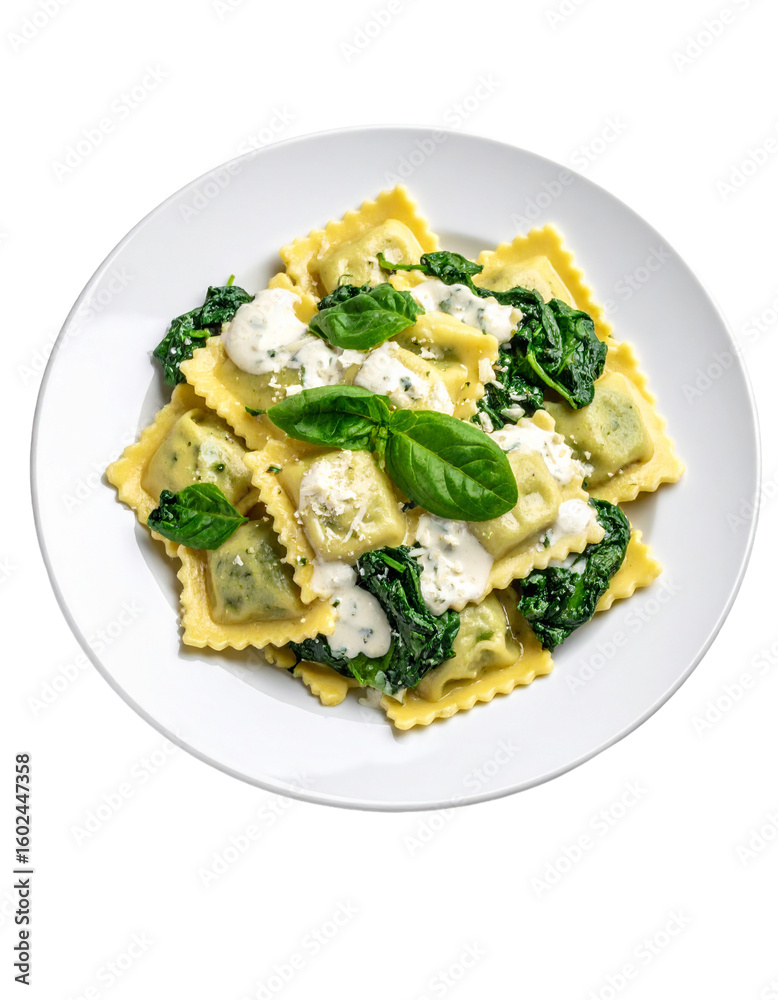 Delicious Plate of Spinach Raviolis with Alfredo Sauce Isolated on Transparent or White Background. Delicious Plate of Spinach Raviolis with Alfredo Sauce Isolated on Transparent or White Background.