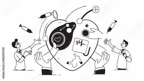 Oversized human heart examined by medical team with stethoscope and surgery tools. Doctors and nurses working around large heart in healthcare scene.

